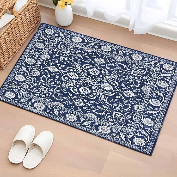 Area Rug 2x3ft, Navy Blue Paisley Floral Texture Washable Rugs for Living Room Bedroom, Vintage Tribe Flower Soft Non-Slip Area Rugs Rectangle Floor Carpet for Dining Room