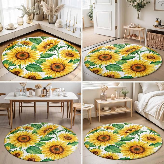 Washable Round Area Rug Summer Garden Sunflower Leaves Circle Rugs Floor Carpet for Living Room Bedroom, Farm Blossom Floral Soft Non Slip Round Rug 5ft