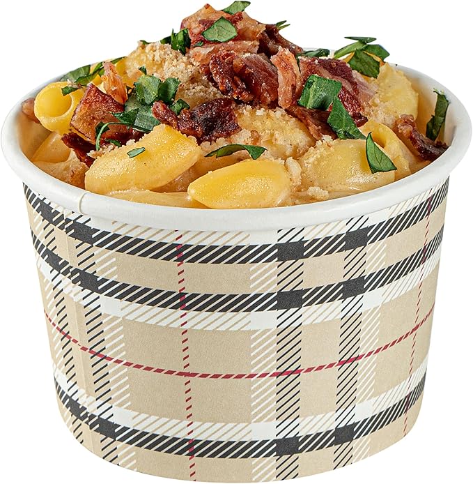 Restaurantware Coppetta 4-Ounce Dessert Cups, 50 Disposable Ice Cream Cups - Lids Sold Separately, Heavy-Duty, Plaid Paper Frozen Yogurt Bowls, For Hot And Cold Foods