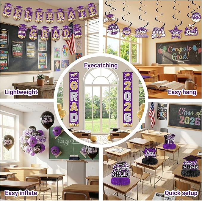 Purple 2026 Graduation Party Decor Kit-Includes Backdrop, Banner, Balloons, Hanging Ornaments & Honeycomb Decorations for Class of 2026 -Full Set for High School and University Graduation Events