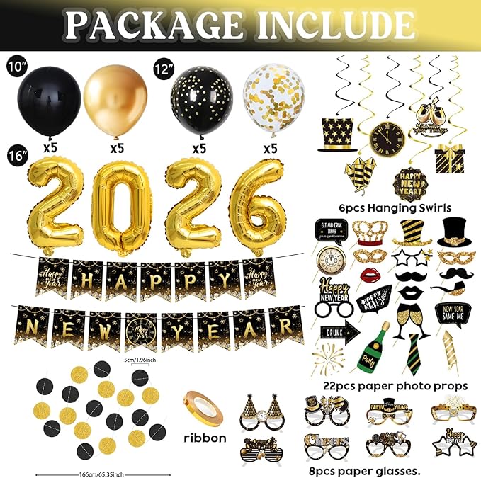 63 Pieces New Years Eve Party Supplies 2026 , Happy New Year Banner,Paper Glasses,Paper Photo Props,Hanging Swirls,Black Gold Circle Dots Garland and 2026 Foil balloons for New Years Party Decorations