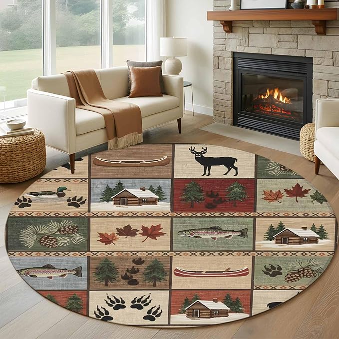 Washable Round Area Rug Vintage Bear Forest Deer Fish Village Circle Rugs Floor Carpet for Living Room Bedroom, Retro Wildlife Themes Soft Non Slip Round Rug 5ft
