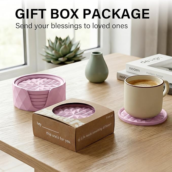 Silicone Coasters for Drinks[6 Pack, Soft Pink] Diamond Design Cup Mat with Holder for Tabletop Protection Non Slip, Non Stick, Coffee Table Decor, Great Gift for Any Occasion