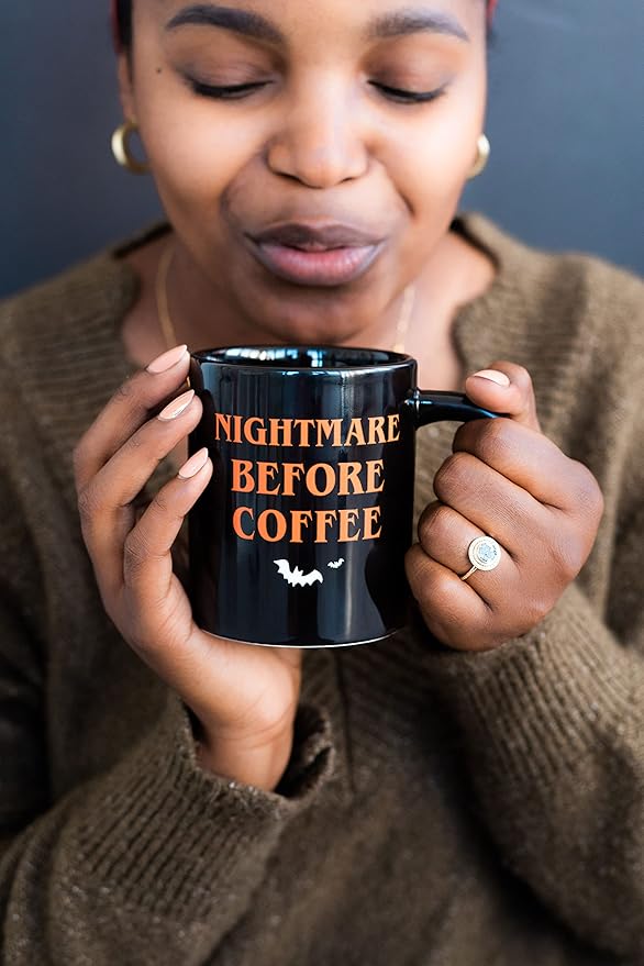 Pearhead Nightmare Before Coffee Ceramic Mug – Large 16oz Black Double-Sided Halloween Cup, Fun Fall Tea and Coffee Drinkware, Seasonal Kitchen Accessory and Novelty Gift Idea