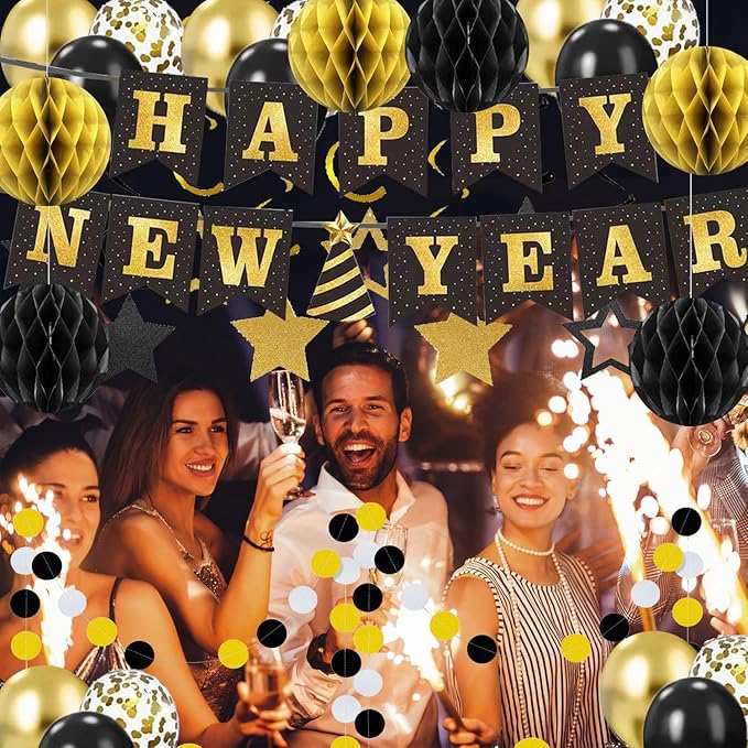 New Year's Eve Party Supplies 2026 - Happy New Year Banner, Balloons, Star Foil Streamers and Dot Garlant with Black Gold Honeycomb Ball Backdrop for 2026 New Year Decorations