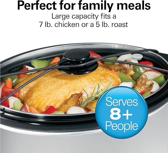 Hamilton Beach 7-Quart Portable Slow Cooker Serves 8+, Dishwasher Safe Crock, Lid Latch Strap for Travel, Brushed Silver