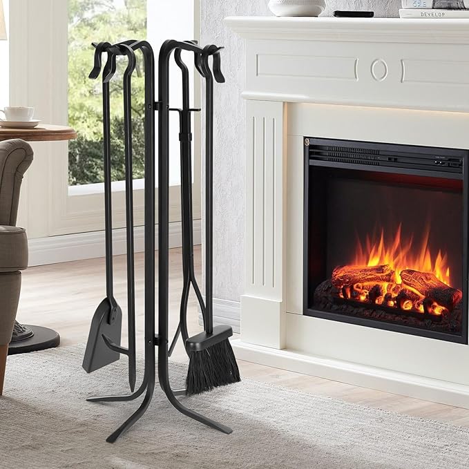 FEED GARDEN Hand Forged Iron Fireplace Tools Set 5-Piece Wrought Iron 28 Inch Fire Place Set Tools with Stand for Indoor Outdoor Heavy Duty Fireplace Accessories Poker, Tongs, Shovel, Brush, Base