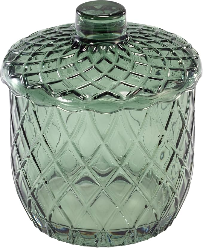 Nicole Miller – Vanity Accessory Set, Embossed Glass with Diamond Trellis Design & Scalloped Edge, Decorative Lotion Pump, Vanity Tray, & Covered Jar (Bijou Green)