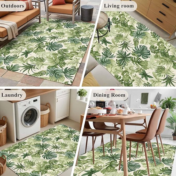 Area Rug 4x6ft, Green Palm Leaf Watercolor Washable Rugs for Living Room Bedroom, Summer Tropical Leaves Soft Non-Slip Area Rugs Rectangle Floor Carpet for Dining Room