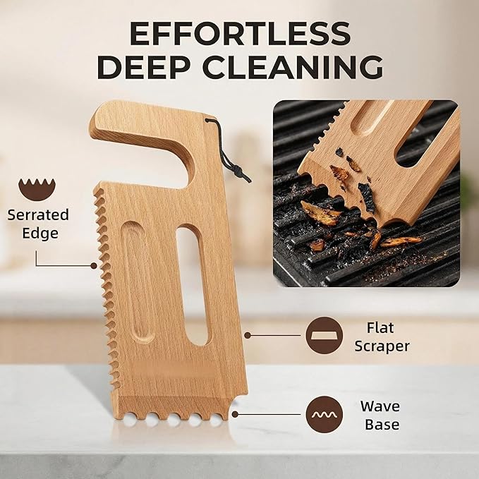 Wooden Grill Scraper – Solid Wood BBQ Grill Grate Cleaner, Bristle-Free Safe Grill Cleaning Tool for Outdoor
