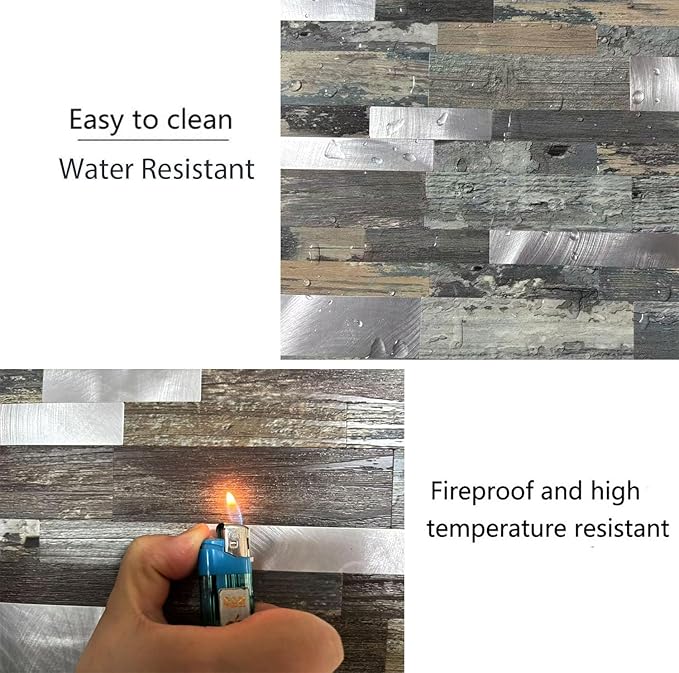 10-Sheet Peel and Stick Backsplash Tile, PVC Mixed Meta,l Stick on Kitchen, Bathroom Vanities, Fireplace Décor, Laundry Table(11.2" X 12.7") (10, Wooden Green+Frosted Silver)