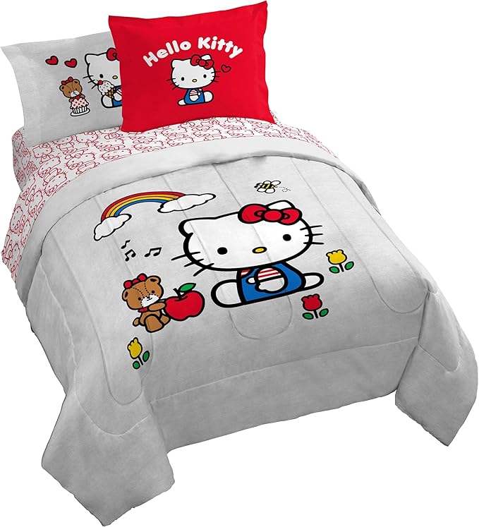 Jay Franco Sanrio Hello Kitty Queen Size Comforter Set - 7 Piece Red & Grey Bedding Includes Sheet Set & Pillow Covers - Super Soft Cozy Kawaii Bedding