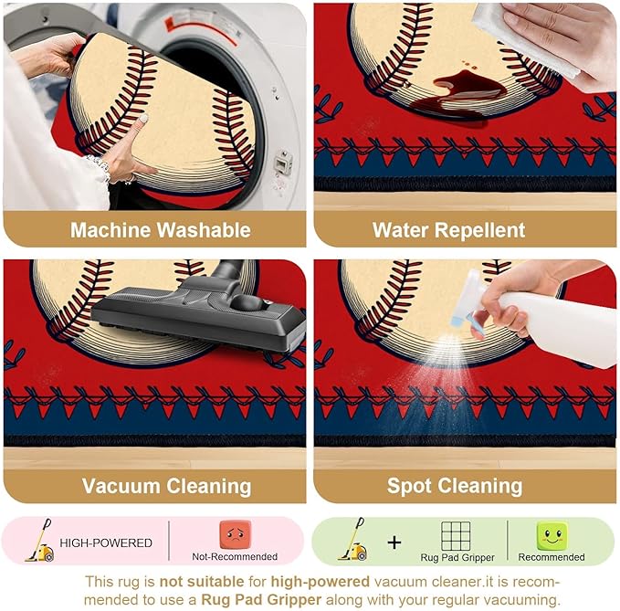 8x10 Area Rugs for Bedroom Boho Washable Man Cave Rug for Living Room Vintage Baseball Stitched Laces Red Sports Soft Rubber Backed Non-Slip Large Carpets for Boys