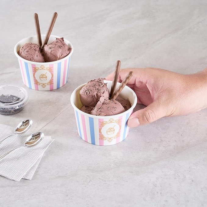 Coppetta 8 Ounce Dessert Cups, 200 Greaseproof Ice Cream Cups - Lids Sold Separately, For Hot And Cold Foods, Pink And Blue Stripe Paper Yogurt Bowls, Disposable, Sturdy - Restaurantware