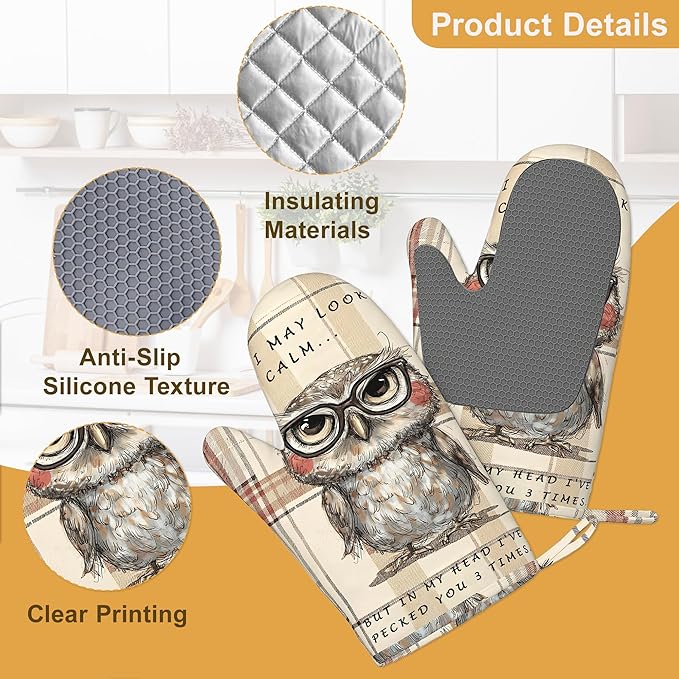 Funny Owl with Sunglasses Oven Mitts and Pot Holders Sets of 4, Heat Resistant Vintage Plaid Silicone Oven Mitts Gloves Non-Slip Kitchen Mittens Potholders for Cooking Baking Grilling BBQ