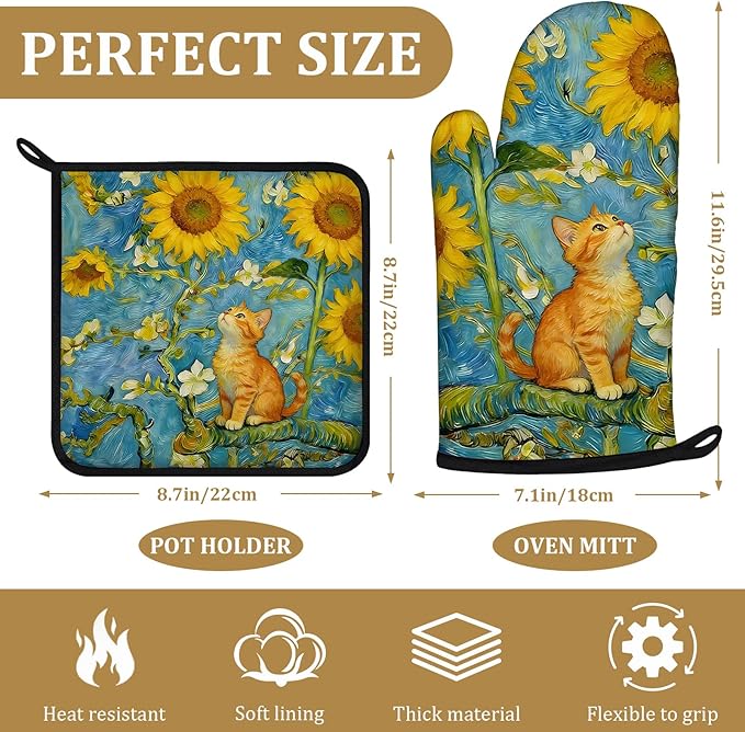 Cute Sunflower Cat Oven Mitts and Pot Holders Sets 4Pcs Animal Floral Silicone Kitchen Gloves Heat Resistant Potholders for Baking Cooking Grilling BBQ
