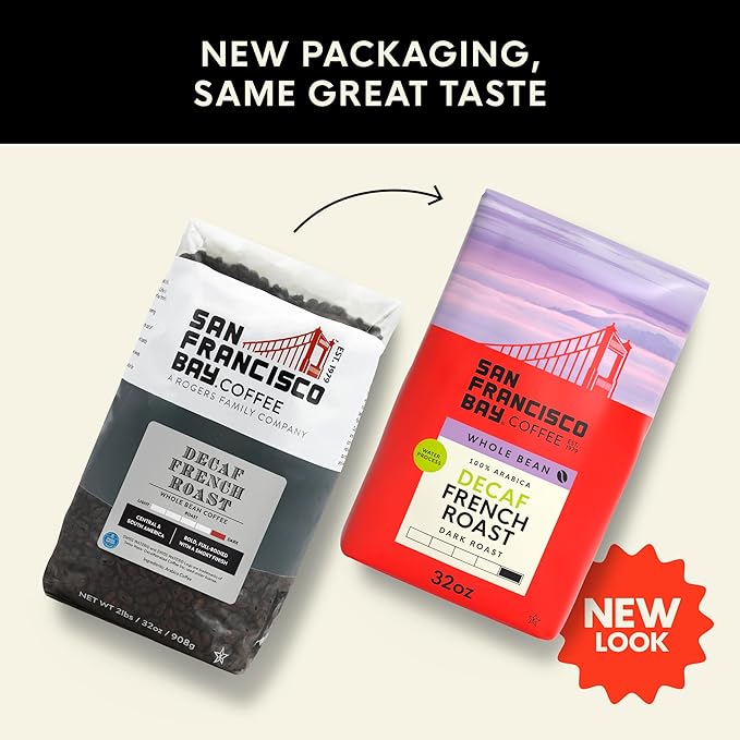 San Francisco Bay Coffee - Decaf Dark Roast Whole Bean Coffee - Decaf French Roast (2 lb bag) - Swiss Water Processed