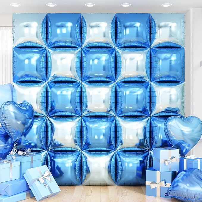 Blue Square Foil Balloon Wall,25Pcs Double Sided Balloons Backdrop Helium Polyester Film Balloon Tunnel Arch Garland Kit for Birthday Bridal Anniversary Baby Shower Party Decorations