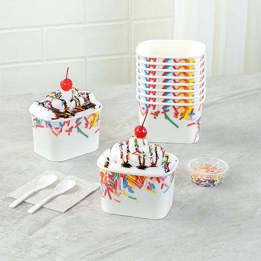 Coppetta 12 Ounce Dessert Cups, 50 Greaseproof Ice Cream Cups - Lids Sold Separately, For Hot And Cold Foods, White Paper Yogurt Bowls, Festive Sprinkle Design, Disposable, Sturdy- Restaurantware
