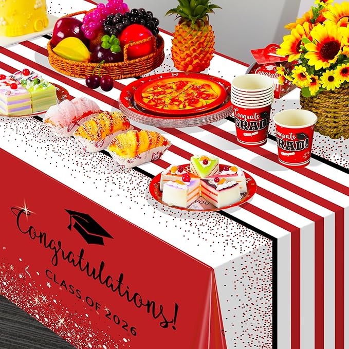 12 Pack Class of 2026 Graduation Tablecloths,Foil Dot Plastic Disposable Rectangle Table Covers for 2026 High School University College Graduation Party Decorations,108*54 Inch (Red and Black)