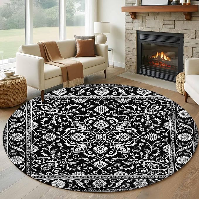 Washable Round Area Rug Paisley Vintage Black Floral Circle Rugs Floor Carpet for Living Room Bedroom, Classic Flower Texture Soft Non Slip Round Rug 5ft