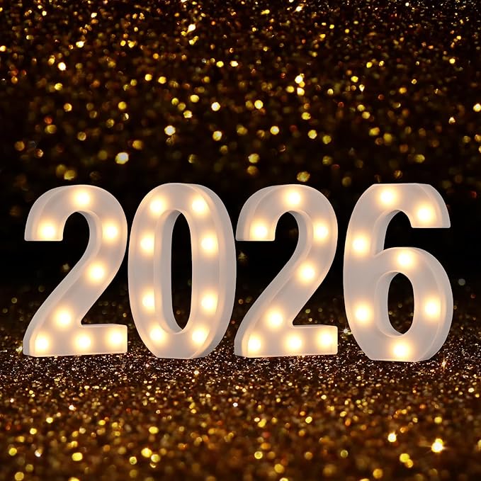 Marquee Numbers 2026 Light up Numbers 2026 Marquee Number for New Year Decorations Battery Powered LED Light White Plastic Number Sign for Happy New Year Graduation Engagement Wedding Birthday Decor