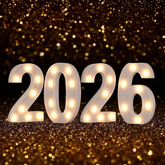 Marquee Numbers 2026 Light up Numbers 2026 Marquee Number for New Year Decorations Battery Powered LED Light White Plastic Number Sign for Happy New Year Graduation Engagement Wedding Birthday Decor