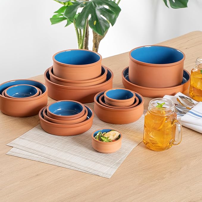 Restaurantware-Terra Tek 2.7 Ounce Terracotta Cazuelas, 2 Blue Glazed Clay Pots For Cooking - Oven-Ready, Microwavable, Terracotta Serving Pots, Dishwashable, For Cooking And Serving