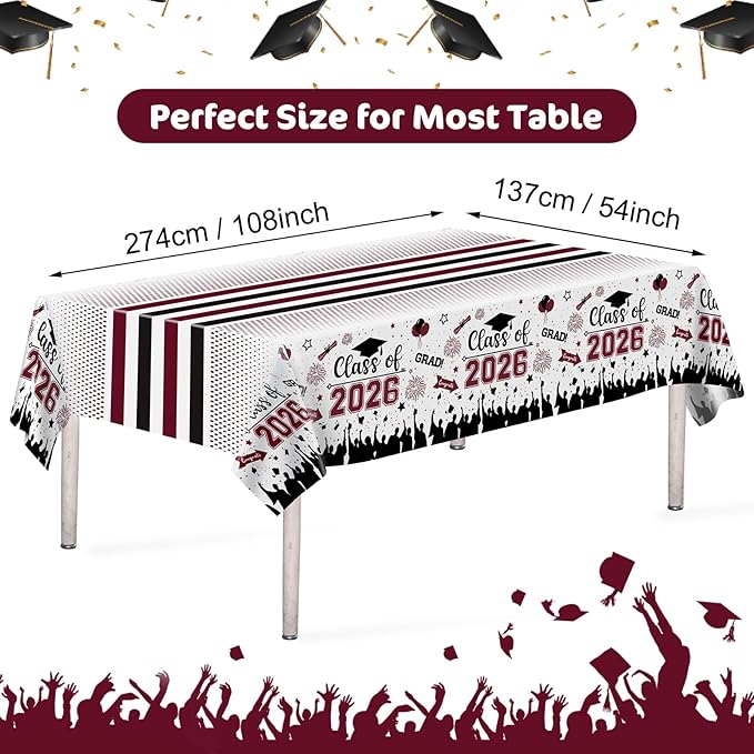Graduation Decorations Class of 2026 Tablecloth - 3 Pcs Plastic Congrats Grad Table Cloth, Graduations Table Cover for Graduation Party Decorations 2026 and Party Supplies, 54"x108" (Maroon and Black)