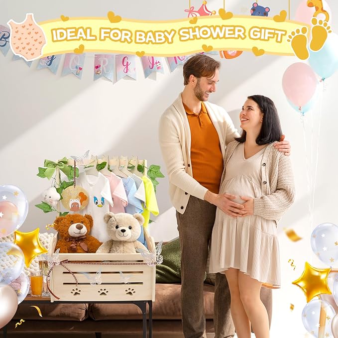 Wooden Baby Shower Crate Closet, Cute Cat Baby Shower Closet Basket with Handle, Gender Reveal Storage Box for Pregnancy New Parent, Personalized Baby Gifts Basket