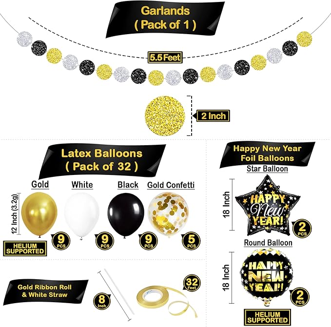 KatchOn, Black and Gold New Years Decorations 2026 - Huge Pack of 50 | New Year Banner and New Year Balloons for New Years Eve Party Supplies 2026