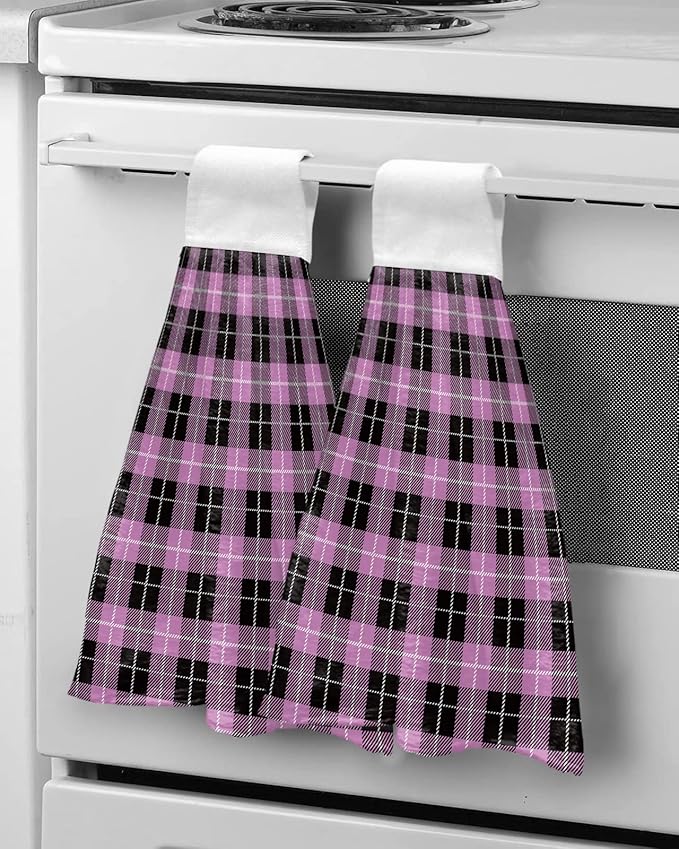 Alandar Home Kitchen Tie Towel Set of 2, Vintage Purple Black Tartan Plaid Absorbent Soft Hand Towels for Bathroom Hanging Towels, Retro Geometric Art Fast Drying Cleaning Cloth with Loop