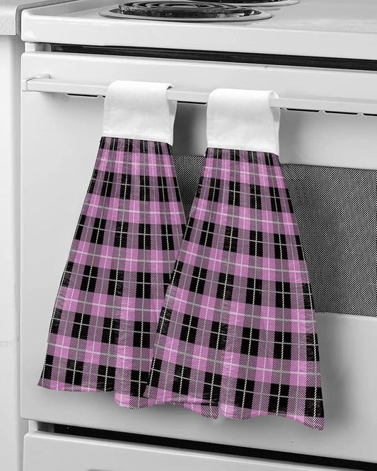 Alandar Home Kitchen Tie Towel Set of 2, Vintage Purple Black Tartan Plaid Absorbent Soft Hand Towels for Bathroom Hanging Towels, Retro Geometric Art Fast Drying Cleaning Cloth with Loop
