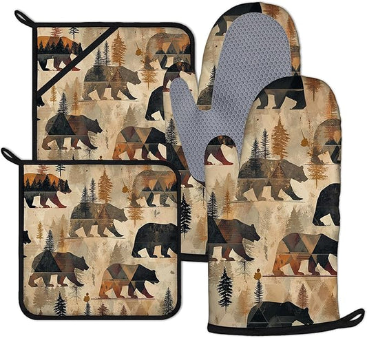 Vintage Rustic Bear Oven Mitts and Pot Holders Sets 4Pcs Forest Animal Silicone Kitchen Gloves Heat Resistant Potholders for Baking Cooking Grilling BBQ