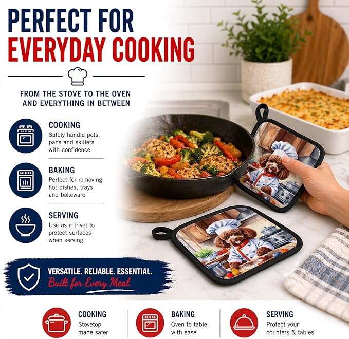 Caroline's Treasures Chocolate Poodle The Chef Pair of Pot Holders Kitchen Heat Resistant Pot Holders Sets Oven Hot Pads for Cooking Baking BBQ, 7 1/2 x 7 1/2