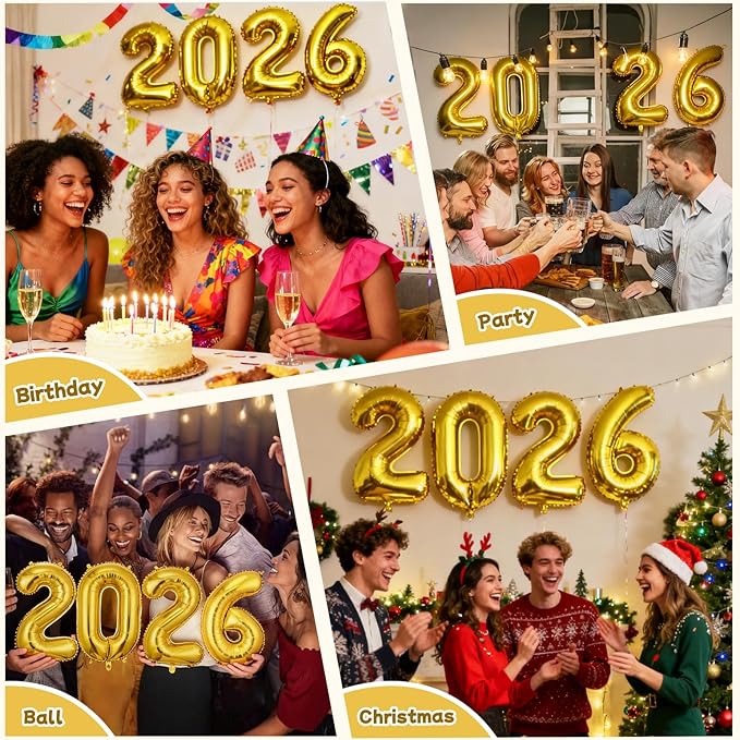 Gold 2026 Balloons, 16 Inch Foil 2026 Number Balloons, Grad Balloons for Class of 2026 Graduation Party, Gold Matellic Foil New Year Birthday Home Office Party Supplies