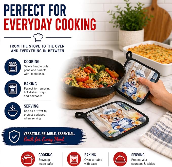Caroline's Treasures Corgi The Chef Pair of Pot Holders Kitchen Heat Resistant Pot Holders Sets Oven Hot Pads for Cooking Baking BBQ, 7 1/2 x 7 1/2