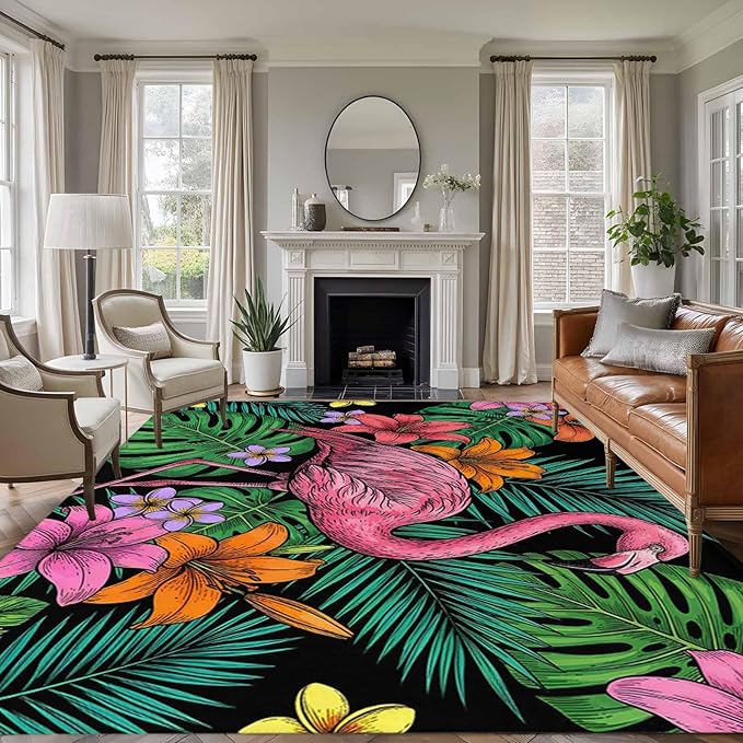 Area Rug 8x10ft, Pink Flamingos Tropical Leaf Washable Rugs for Living Room Bedroom, Colorful Lily Blossom Floral Soft Non-Slip Area Rugs Rectangle Floor Carpet for Dining Room