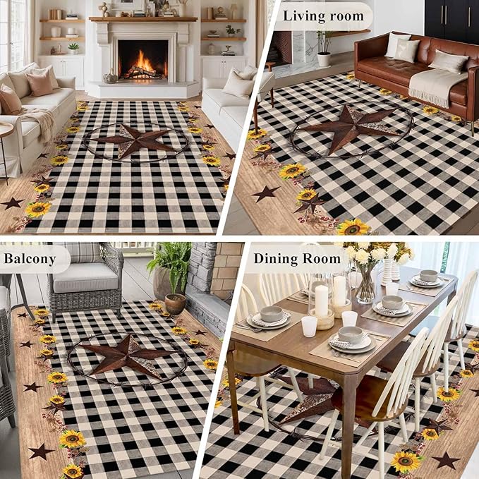 Area Rug 6x9ft, Western Star Farm Sunflower Washable Rugs for Living Room Bedroom, Vintage Wood Grain Black Buffalo Plaid Soft Non-Slip Area Rugs Rectangle Floor Carpet for Dining Room