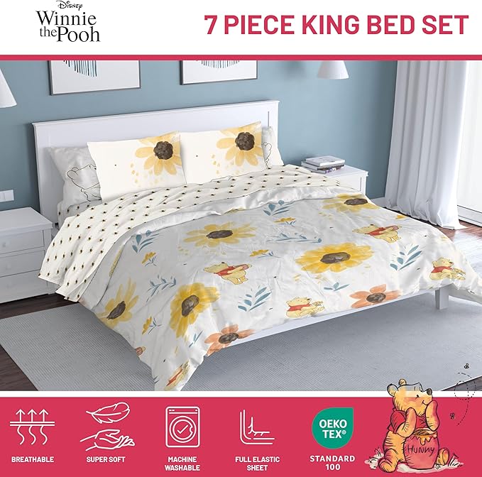 Jay Franco Disney Winnie The Pooh King Comforter Set - 7 Piece Bedding Includes Sheet Set & Pillow Covers - Super Soft Cozy Floral Bedding