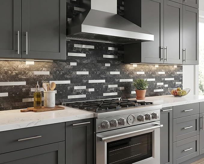 Yipscazo 1 Sheet Peel and Stick Stone Metal Tile Backsplash, Stick on Tiles for Backsplash Kitchen, Bathroom, Laundry Room, Camper, Fireplace (12'' X 12'', Dark Black)