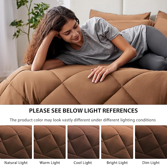 Love's cabin Full Comforter Set Mocha Mousse, 7 Pieces Full Bed in a Bag, All Season Bedding Sets with 1 Comforter, 1 Flat Sheet, 1 Fitted Sheet, 2 Pillowcase and 2 Pillow Sham | Soft, Breathable, Lightweight, Comfortable