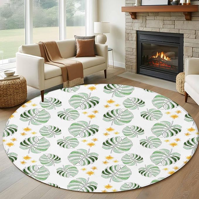 Washable Round Area Rug Summer Palm Leaves Pattern Circle Rugs Floor Carpet for Living Room Bedroom, Scattered Starburst Flowers Soft Non Slip Round Rug 5ft