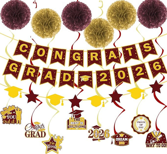 17 Pcs Maroon and Gold Graduation Decorations, Congrats Grad 2026 Banner Set with Hanging Swirls & Tissue Paper Pom Poms, Class of 2026 Graduation Party Decor