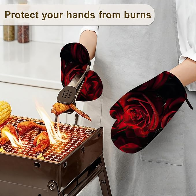 Red Rose Oven Mitts and Pot Holders Set of 4,Kitchen Glove Heat Resistant Oven Mitts with Non-Slip Silicone for Baking, Cooking, BBQ