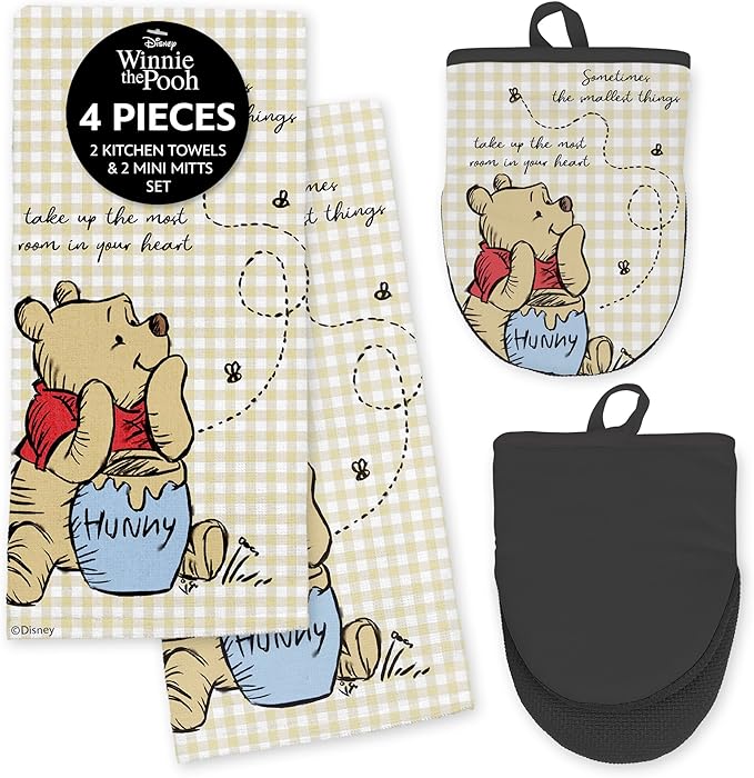 Disney Kitchen Towels & Oven Mitts Set – 4 Piece Bundle with 2 Cotton Dish Towels/Hand Towels & 2 Heat Resistant Mini Oven Mitts (Pot Holders) – Mickey, Stitch & Pooh (Winnie the Pooh)