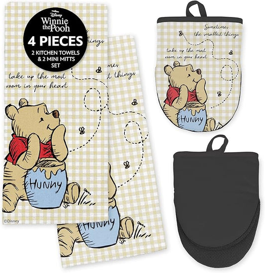 Disney Kitchen Towels & Oven Mitts Set – 4 Piece Bundle with 2 Cotton Dish Towels/Hand Towels & 2 Heat Resistant Mini Oven Mitts (Pot Holders) – Mickey, Stitch & Pooh (Winnie the Pooh)