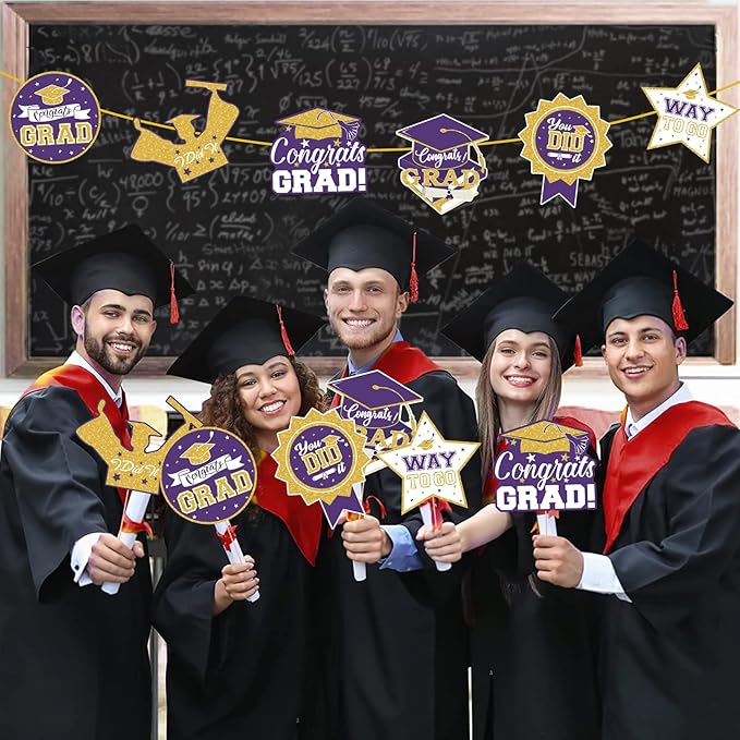 2026 Graduation Party Decorations - 24 Pcs Class of 2026 Congrats Grad Table Centerpieces Graduation Table Decorations Sticks Table Toppers for Graduation Party (Purple Gold)
