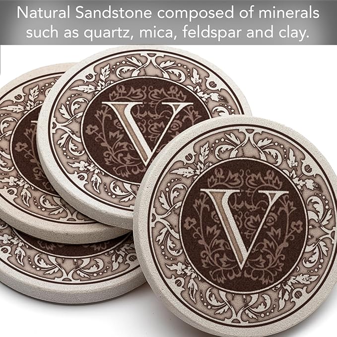 Thirstystone Monogram Letter V Absorbent Sandstone Coaster 4-Pack Manufactured in The USA Decorative, Absorbent, Easily Wipes Clean