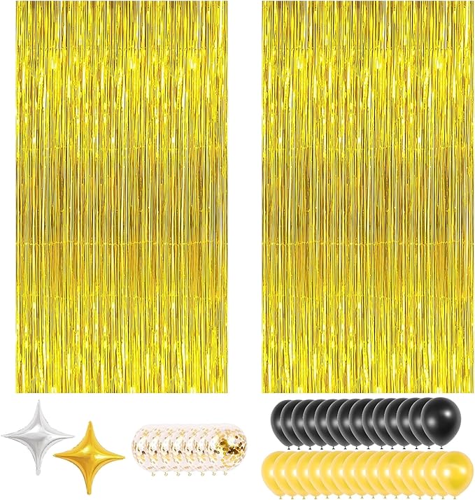 Gold Party Backdrop Kit – 2 Pack Gold Foil “Shower” Curtains with Balloons & Garland Accessories for Birthdays, Festivals, New Year’s Party